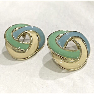 Vintage Pierced Earrings Goldtone Celtic Knot with Green Blue & Cream Enamel